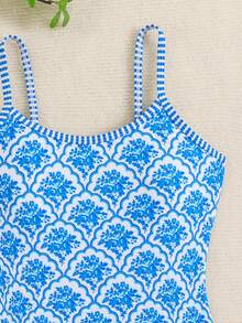 SHEIN 少女休闲度假蓝白瓷花印花连体泳衣，适合冲浪、游泳池、夏季假日派对 - 藍色 - 查看 5