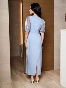 Modelyn Damen Blumen-Muster plissiertes elegantes Midi-Kleid, geeignet für den Sommer - Blau - Übersicht 3