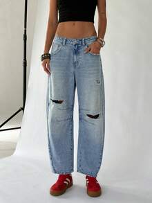 TRNVIE Women's Casual Washed Low-Waist Distressed Denim Jeans - Light Wash - View 6