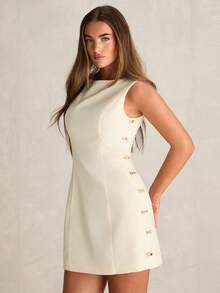 Enchnt Summer Romantic Women's White Linen Beaded Sleeveless Mini Dress,Work Outfits For Women,Sweet&Elegant For Social,Date&Party&Going Out,Summer Outfit Women,Summer Dresses For Women Cream Dress Sleeveless Dress - Beige - View 3
