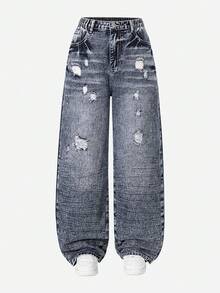 Quần jeans ống đứng màu xanh nhạt bạc màu, phong cách tối giản, cổ điển, dành cho thanh thiếu niên (nam). - Màu xanh lam - Xem 3