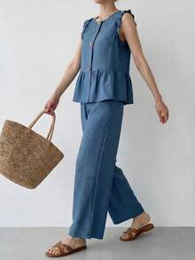 SHEIN LUNE 女士休闲度假通勤纯色荷叶边下摆无袖上衣和长裤两件套，春夏款 - 藍色 - 查看 6