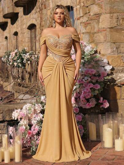 Glamrae Plus Size Elegant Luxurious Champagne Embroidered Sequin Lace Patchwork Elastic Knit Mermaid Hem Dress With Ruched Waist, Suitable For Wedding, Party, Vacation, Evening Gown (Heavy-Duty)