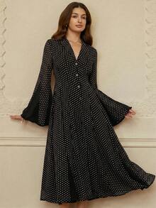 Aveloria Rosie 惊艳的咖啡色翻领单排扣腰部开衩长袖A字衬衫裙，女士款 - 黑色 - 查看 3