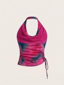 BELROSIE Tie Dye Draped Front Halter Top  - Pink - View 2