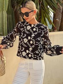 DAZY Lace Petal Sleeve Sheer Blouse, Elegant Loose Fit Versatile Luxury Shirt For Women, Spring/Summer - Black - View 3