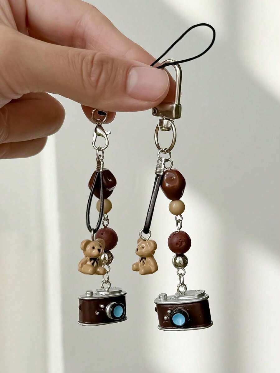 1pc Retro Camera Beaded Phone Lanyard, Creative Keychain Pendant Accessory - Multicolor - View 1