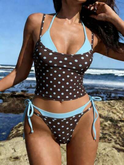Swim Mod 2026新款女士夏季沙滩休闲波点印花细肩带撞色侧系带露背性感三件套背心吊带比基尼