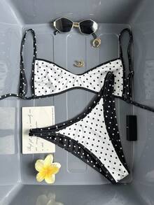 Swim Vcay 2026 New Women's Summer Beach Vacation Elegant Spaghetti Strap Backless Sexy Reversible Black & White Polka Dot Print High Cut Hollow Out Bikini Swimsuit Set - Multicolor - View 3