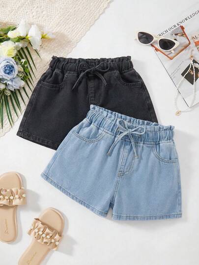 LMoss Kids 2Pcs Tween Girls Fashion Casual Y2k Vintage Cool Street Spring And Summer Cool Blue And Black Fitted Denim Shorts For Tween Girl Clothes Tween Girls Dailywear And Tween Girl Spring To Summer Rave Outfits Festival And Outfits Streetwear Clothes