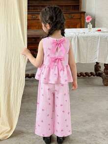 两件套少女碎花背心和宽松休闲裤套装 - 粉色 - 查看 3