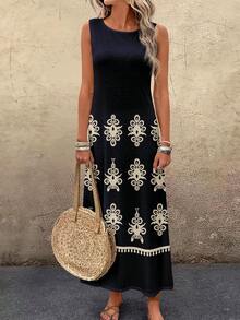 Brillora 休闲优雅女士黑白几何复古图案圆领宽松长裙 - 波西米亚风夏季度假连衣裙，适合热带岛屿婚礼、周年纪念、伴娘派对、约会之夜等场合。 - 彩色 - 查看 7