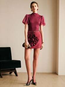 Arave Women Satin Texture Fabric Slim Fit H-Line Large Handmade Stereoscopic Rose Ruffled Design High Waist With Leather Metal Buckle Belt Elegant Party Evening Midi Skirt Elegant Party Dresses For Women Red Dress Wedding Guest Dress For Women - Burgundy - View 6