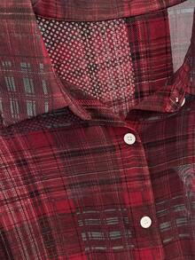 INAWLY 女式格纹轻薄休闲宽松衬衫，时尚防晒，春夏 - 紅色 - 查看 7