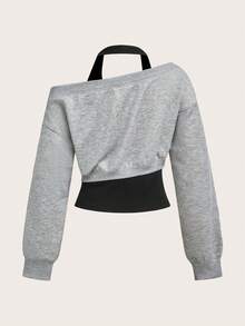 SHEIN MOD 休闲简约风二合一镂空装饰女式灰色卫衣，适合早春穿着，复古风舞会卫衣，性感可爱风，Y2K椰子女孩风，波西米亚风，嬉皮风，音乐节风，夏季适用 - 彩色 - 查看 2