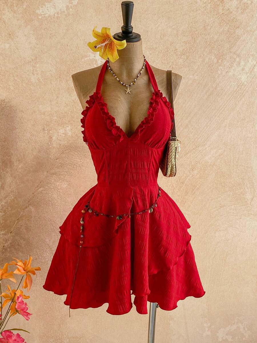 Soleia New Casual Vacation Western Beach Wedding Guest Attire, Graduation Brunch, St. Patrick's Day Spring Break, Easter, Music Festival, Elegant Boho Tropical Graceful Red Textured Bow Tie Backless Ruffle Mini Dress, Suitable For Valentine's Day, Halloween, Christmas - Red - View 1