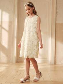 SHEIN Tween Girl Summer Casual Fashionable Sleeveless Floral Textured A-Line Dress - Apricot - View 4