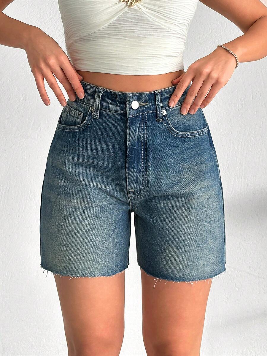 SHEIN Hög midja damjeanshorts i mellanblått, avslappnad stil - Ljustvätt - Visa 1