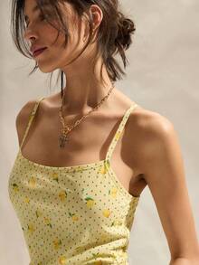 Easelle 女士波点水果印花时尚吊带连衣裙 - 鵝黃色 - 查看 7