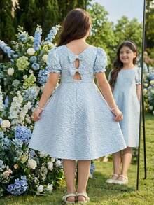 SHEIN Tween Girl Elegant Petal Sleeve Bow Decor Jacquard Fabric Dress Tween Girl - Baby Blue - View 2