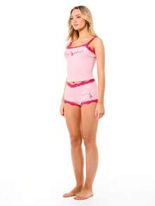 BABYPHAT Women Pink Ribbed Cami And Shorts Lounge Set With Hot Pink Lace Trim Text Print Sleepwear Pajama Set - Pink - View 6