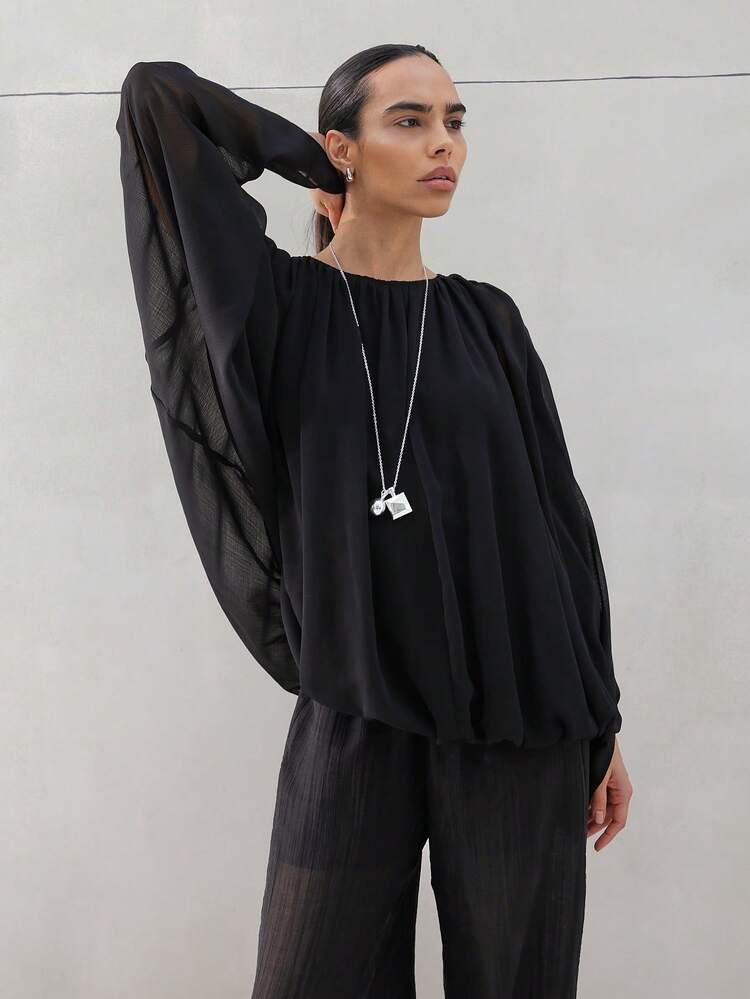 KSTM Women's Long Sleeve Flowing Balloon Blouse Chiffon Ruched Neckline Sheer Top