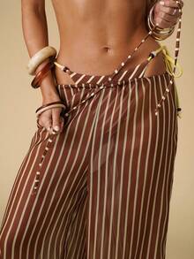 SHEIN BAE Women's Striped Drawstring Waist Casual Versatile Daily Wear Cover Up & Wide Leg Pants Set - Chocolate Brown - View 1