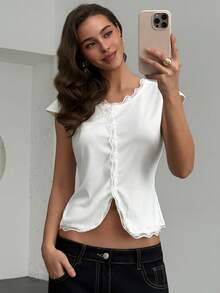 RiviMae Women's Lace Patchwork Fitted Casual Daily T-Shirt - White - View 6