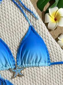 Swim Mod Ombre Starfish Print Metal Accessory Twist Rope Spaghetti Strap Triangle Bikini Top And Side Tie Triangle Bottoms 2Pcs Swimwear Set - Multicolor - View 5