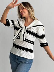 SHEIN Contrast Stripe Sailor Collar Tie-Front Knit Top - Black and White - View 5