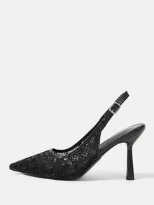 CUCCOO HITCHD 女士尖头蕾丝刺绣高跟鞋，优雅浪漫白色女士浅口鞋，新娘婚礼场合高跟鞋 - 黑與白 - 查看 2