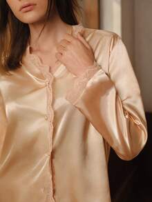 Guipure Lace Trim Satin Pajama Set, Fall Winter Clothes - Champagne - View 7