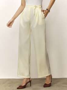 Daynim High Waist Plicated Detail Wide Leg Pants - Cream - View 8