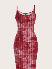 SHEIN EZwear 休闲简约街头风红色全幅扎染印花修身长裙，适合夏季穿着 - 彩色 - 查看 4
