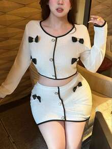 Vibekara Bộ đồ hai mảnh kiểu Pháp cỡ lớn, tay dài, chất liệu jacquard phối màu, thắt nơ, dành cho nữ, trang phục thời trang cho mùa thu/đông. - trắng - Xem 4