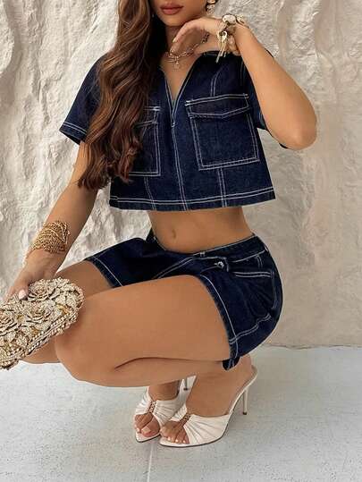 TRNVIE Women's Collared Short Sleeve Cropped Top And Asymmetric Hem Denim Skirt Suit