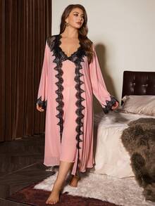 Slumberist Lace Contrast Mesh Plus Size Robe And Nightgown Set - Dusty Pink - View 4