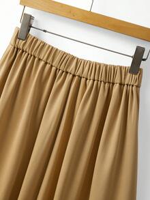 Elenzga 女士复古条纹无袖衬衫，单排纽扣腰部褶皱金属纽扣A字通勤优雅简约百搭两件套 - 卡其色 - 查看 4