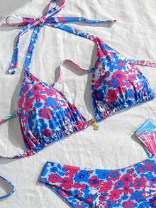 Swim Mod Plus Size Women's Summer Beach Floral Print Halter Tie Sexy Bikini And Triangle Panty Swimsuit Set Bikini Swimwear Floral Print Bikini Womens Two Piece Swimsuit Bikini Sets For Women Beach Outfit For Women - Multicolor - View 7