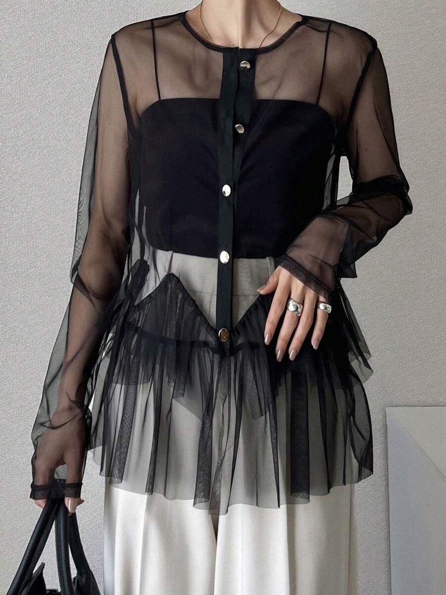 FRIFUL Women's Round Neck Metal Button Decor Hem Layered Ruffle Hem Splice Bodycon Casual T-Shirt - Black - View 1
