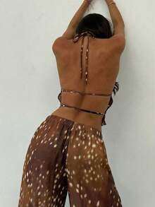 Aloruh Bộ đồ nữ cổ điển gồm áo hai dây hở lưng in hình hươu chấm bi và quần ống đứng cạp cao, thích hợp cho đi chơi, hẹn hò, ngày Valentine, dành cho các cô gái trẻ. Quần ống rộng họa tiết hươu/động vật, phong cách Bohemian lãng mạn retro Y2K. - màu nâu - Xem 2