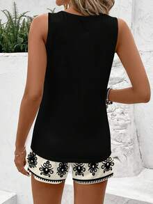 SHEIN LUNE 女士休闲圆领背心和复古波西米亚短裤两件套，适合夏季外出、海滩、机场、度假、居家穿着 - 彩色 - 查看 2