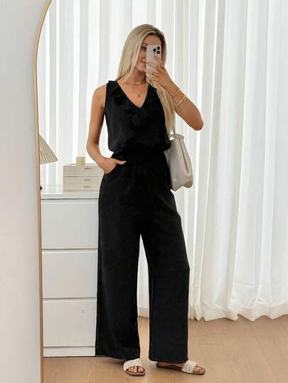 Easowa Women's Solid Color V-Neck Casual Commute Daily Wear Jumpsuit  Spring Clothing  Black Jumpsuit  Vacation Outfits Women  Ruffle Casual Jumpsuit  Women's Cruise Outfit One Size Jumpsuit Rompers And Jumpsuits For Women Jumpsuits For Woman Casual Black Jump Suit