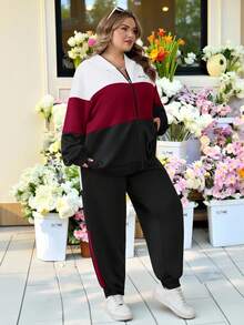 SHEIN CURVE+ 两件套加大码运动休闲撞色标语印花卫衣外套+运动裤套装，秋冬款 - 彩色 - 查看 8