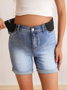 SHEIN Maternity Skinny Stretch Denim Shorts - Medium Wash - View 3