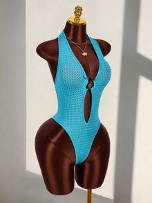 Amplova 女士性感纯色露背吊带连体衣，夏季 - 藍色 - 查看 4