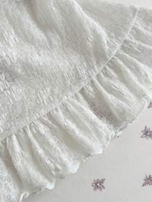 Elamini 白色蕾丝边饰黑色雪纺波点二合一喇叭袖蝴蝶结装饰修身荷叶边下摆T恤，甜美可爱浪漫复古学院风日常百搭女款春夏装 - 白色 - 查看 3