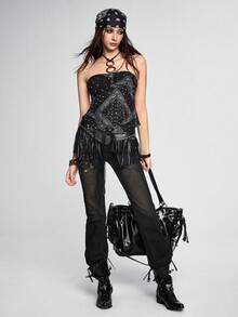 ROMWE Grunge Punk Bohemian Print Beaded Necklace Design Women Blouse - Black - View 7