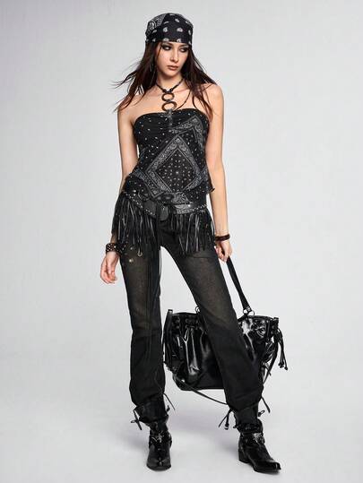 ROMWE Grunge Punk Bohemian Print Beaded Necklace Design Women Blouse