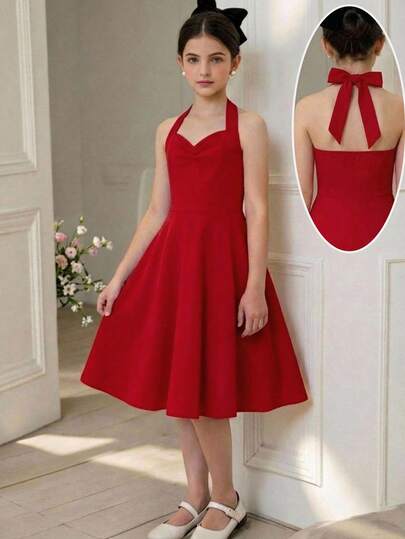 Pitira Tween Girls Sleeveless Bow Tie Solid Red Elegant Waist Midi Dress, Suitable For Flower Girl, Wedding Season, Valentine's Day, Party, Birthday, Chinese New Year